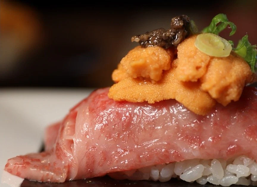 A5 Miyazaki wagyu handroll topped with Hokkaido uni and kaluga caviar